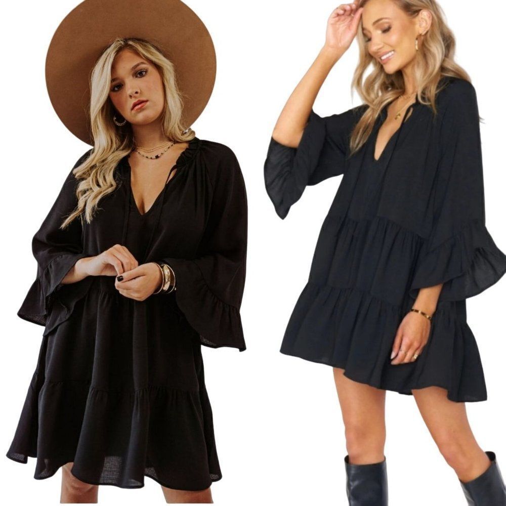 Show Me Your Mumu Viola‎ Mini Dress L Black Flounce Sleeve Tiered Babydoll Boho
